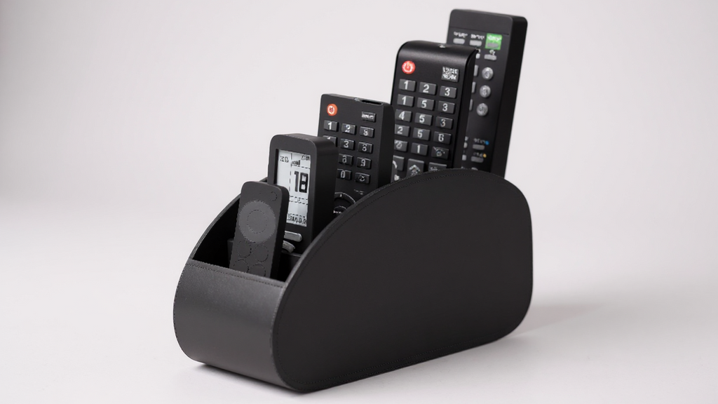 Organisateur pour télécommandes avec 5 compartiments, compatible TV et box, plateau gain de place pour salon, bureau ou chambre, rangement pratique pour accessoires.