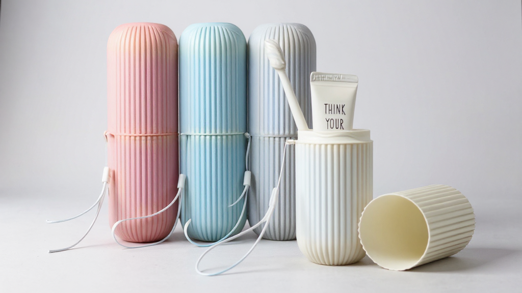 Set de voyage pour brossage dentaire, compact et durable, avec étui, gobelet et porte-dentifrice, idéal pour déplacements et cadeaux.