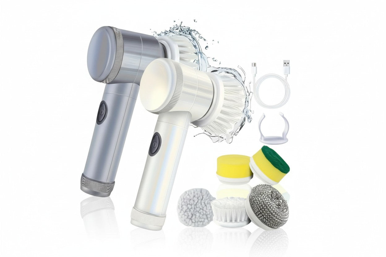 Laveur électrique portable : 5 brosses interchangeables pour baignoires, sols, carrelages, plaques, vitres et éviers. Nettoyage facile et efficace.