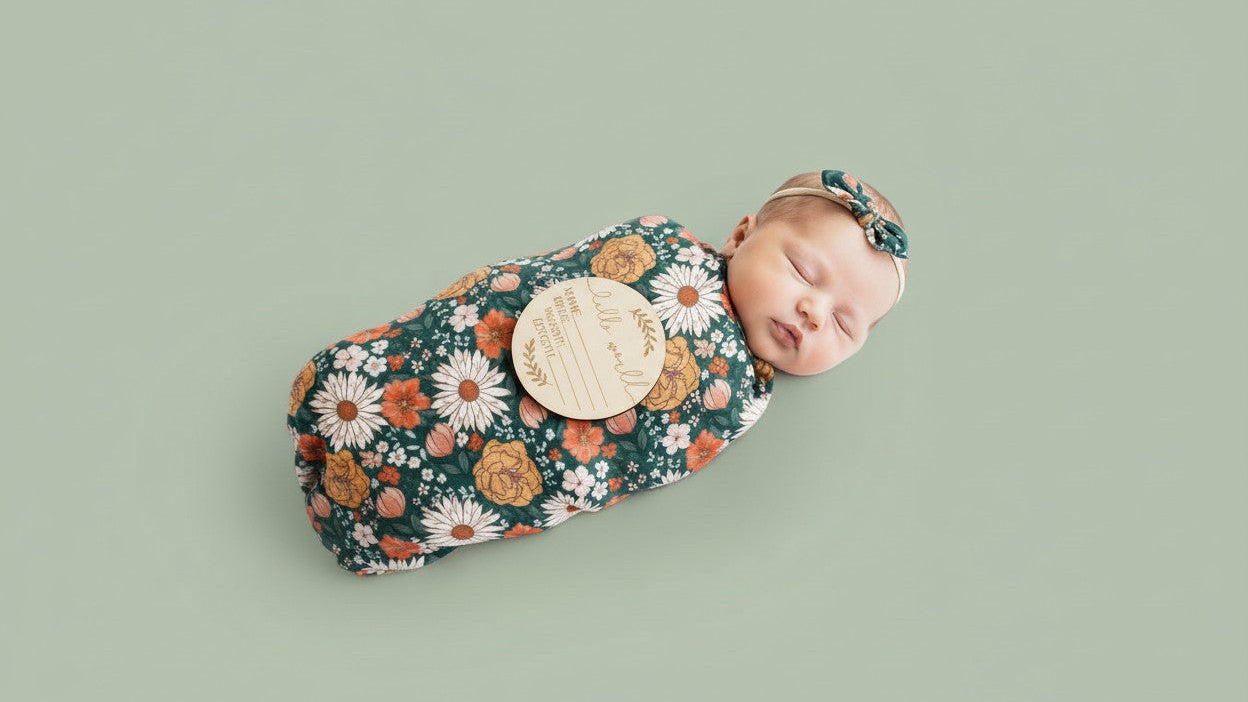 CINCOBEBÉ Newborn Swaddle Blanket &amp; Hat Set - Soft Polyester Baby Wrap with Floral Pattern, Machine Washable, Includes Headband &amp; Monthly Card, Perfect Gift for Boys and Girls, Newborn Essentials|Floral Pattern Blanket|Polye