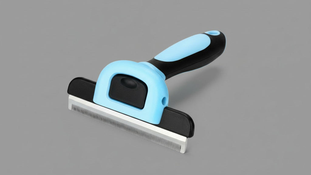 Brosse professionnelle de déshedding pour animaux. Réduit les poils de 95%, ergonomique, sans électricité, design bleu et noir, pour toutes les races.