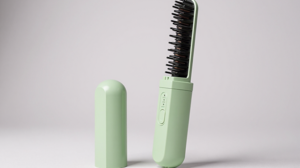 Brosse lissante et peigne USB rechargeable, fonctions lissage et boucle, ions négatifs, anti-brûlure, usage sec/humide, compacte pour voyage.