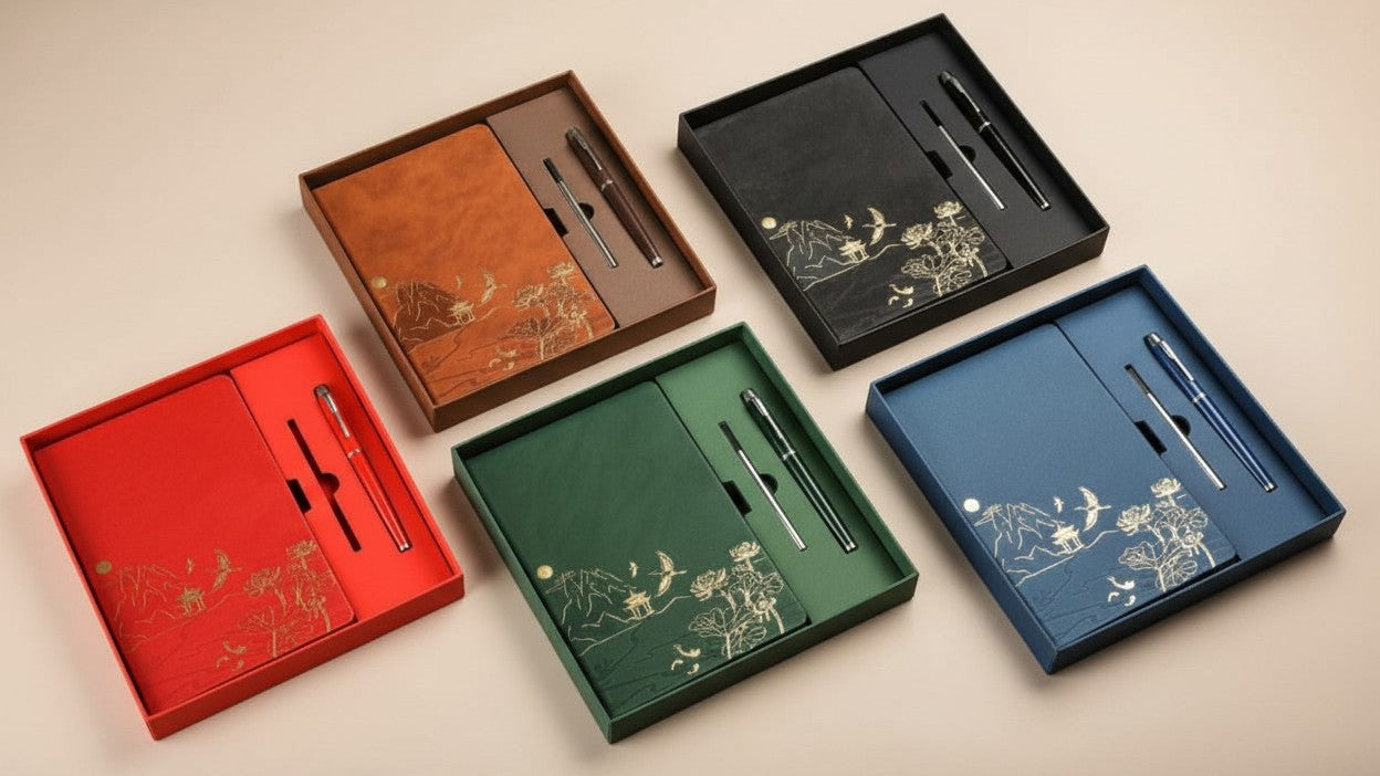 Coffret cadeau carnet A5 (1pc), stylo + recharge, options livre seul ou set. Carnet à couverture PU, 100 pages, idéal pour les réunions et prises de notes.