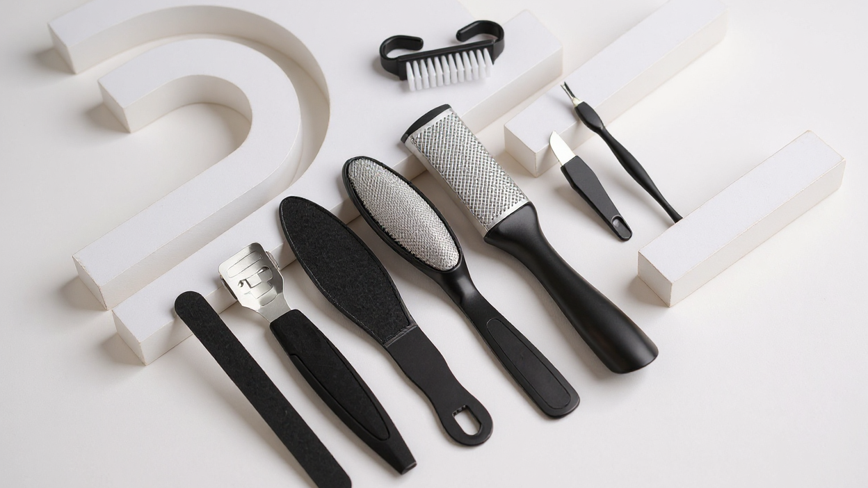 Kit pédicure 10 pièces, 30,48 cm, exfoliant et râpe pieds, élimine callosités et peaux mortes, plastique sans parfum, soin maison efficace.