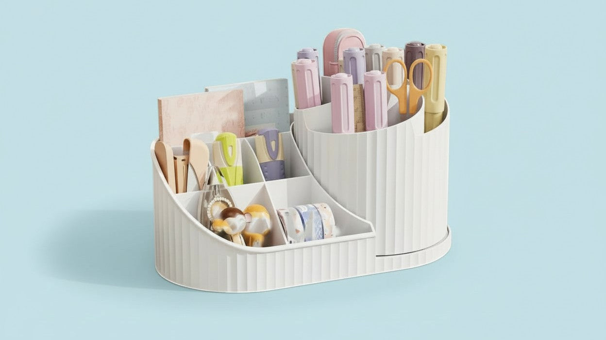 Organisateur maquillage 360° rotatif, plastique durable, rangement pinceaux, rouges à lèvres, soins et papeterie, design élégant blanc, gain de place.