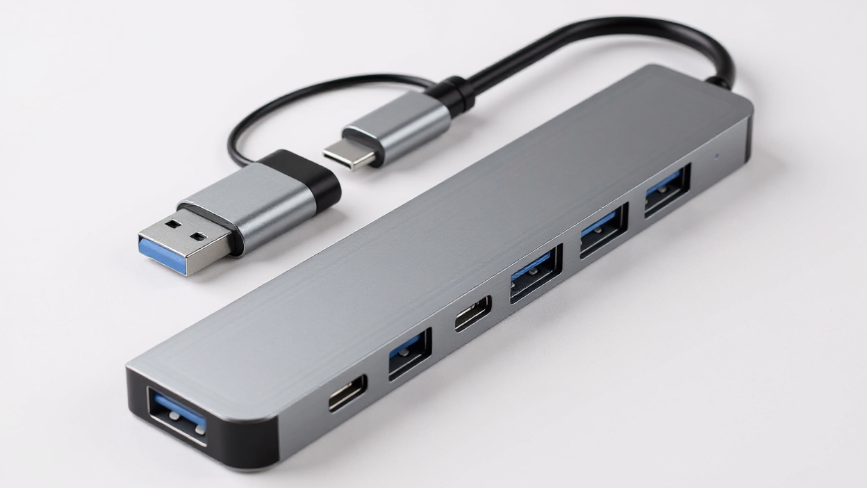 Adaptateur USB 3.0 7-en-1 à haute vitesse, expansion multiport avec connecteurs Type-C et USB-A, compatible tablettes, alimentation USB 5 V.