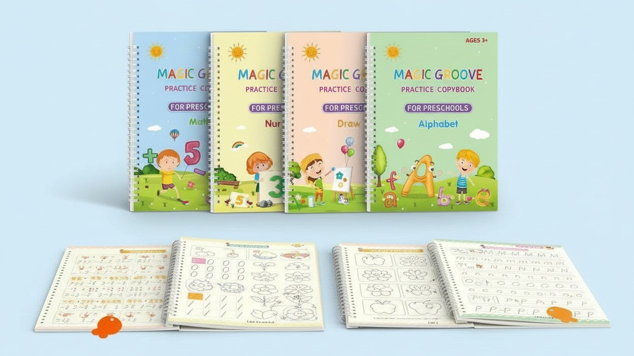 Coffret éducatif enfants : 4 cahiers, stylo, 6 recharges et support, idéal pour apprentissage et exercices d’écriture.