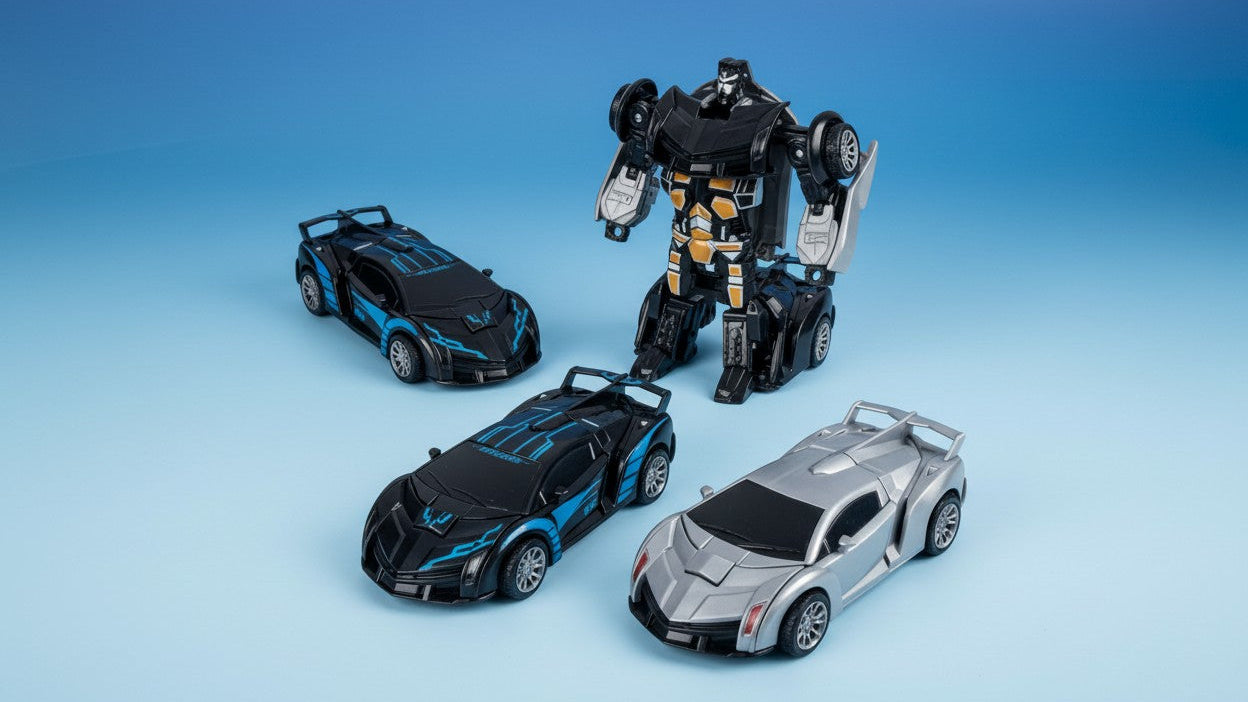 Jouet voiture robot transformable, activation par collision, propulsion inertielle, plastique ABS, détails réalistes, cadeau idéal pour enfants à Noël.