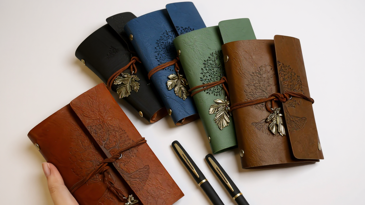 Coffret 3 pièces : carnet spiral vintage en cuir PU et 2 stylos gel noir et doré, design arbre, idéal pour écriture, croquis et voyage.