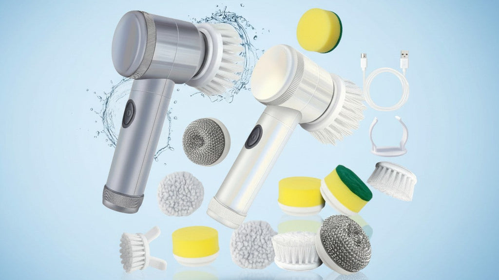 Laveur électrique portable : 5 brosses interchangeables pour baignoires, sols, carrelages, plaques, vitres et éviers. Nettoyage facile et efficace.