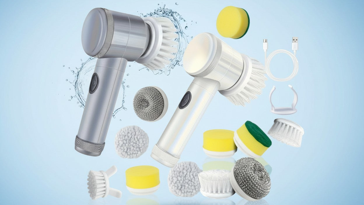 Laveur électrique portable : 5 brosses interchangeables pour baignoires, sols, carrelages, plaques, vitres et éviers. Nettoyage facile et efficace.