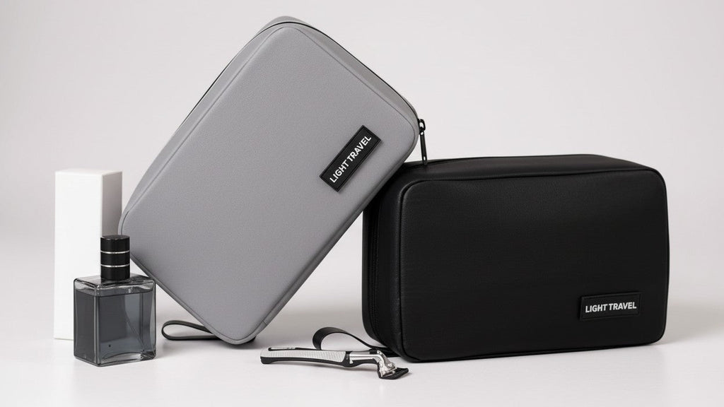 Grande trousse de toilette de voyage, résistante, multi-compartiments avec poches filet, idéale pour maquillage, salle de bain et déplacements.