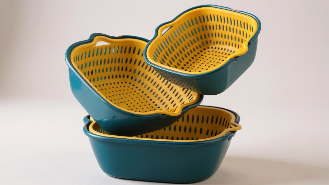 Lot de 6 passoires en plastique, double couche, réutilisables, pour rincer fruits et légumes, ustensiles de cuisine polyvalents et pratiques.