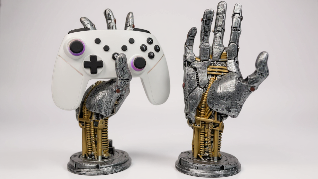 Support de bureau multifonction cyberpunk en impression 3D, style mécanique, pour manettes, téléphones et décoration sci-fi, idéal maison et bureau.