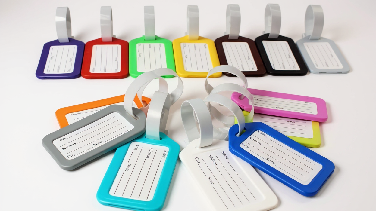 Lot de 10 étiquettes bagages en plastique, pratiques pour valises et sacs, avec identification nom et adresse, usage voyage ou bureau.