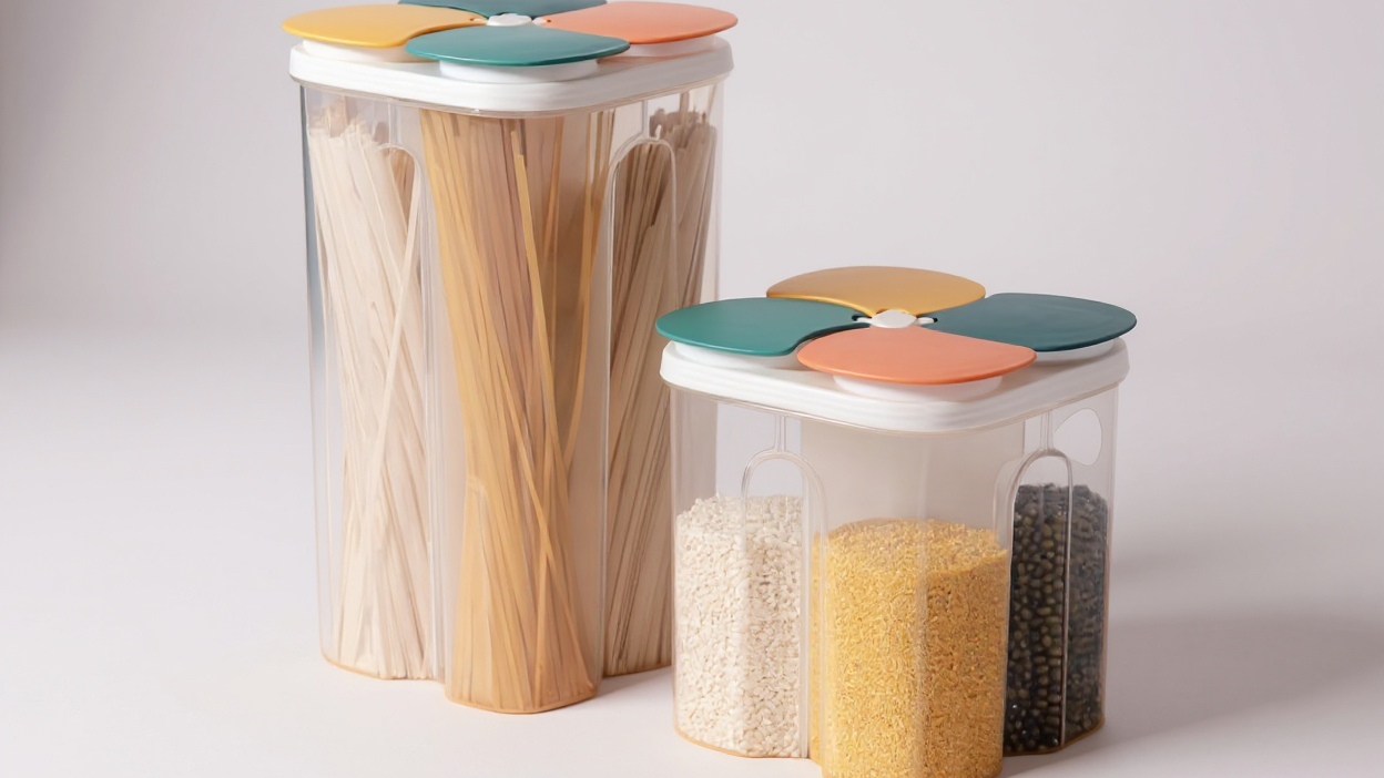 Boîte de Rangement Alimentaire 4 Compartiments : Transparente, hermétique et anti-humidité, idéale pour céréales, pâtes, épices, thé, noix et légumineuses.