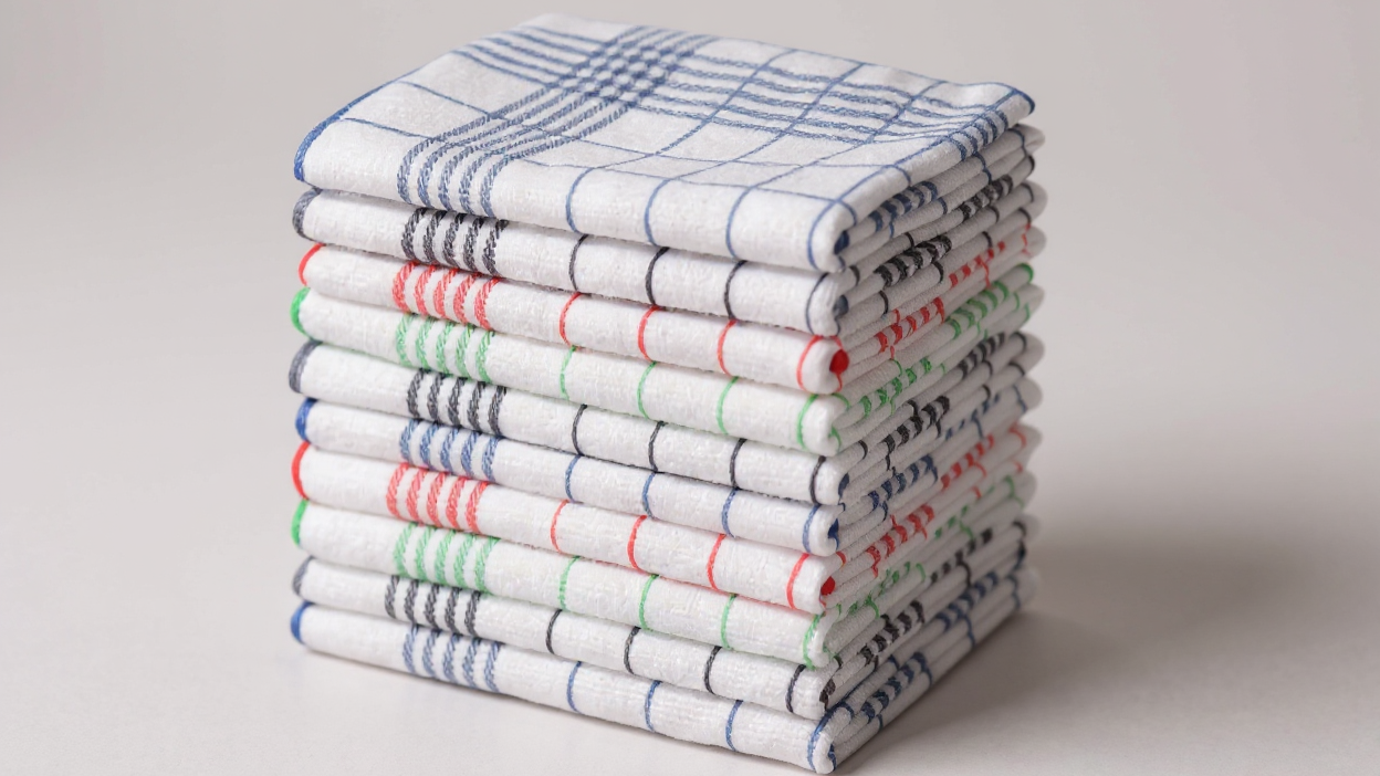 Lot 5/10 torchons absorbants 40x60 cm : séchage rapide, sans peluches, parfaits cuisine et service. Polyester, motifs carreaux.