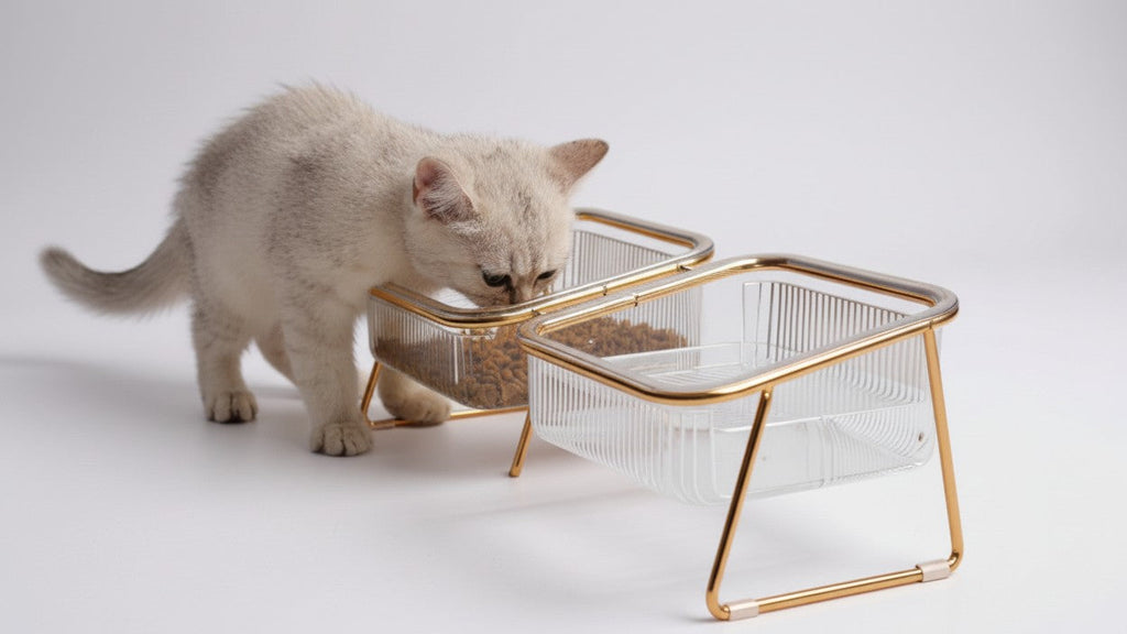 Bol double transparent vertical pour chats, facilite alimentation et hydratation, pratique et ergonomique, accessoire essentiel pour le bien-être félin.