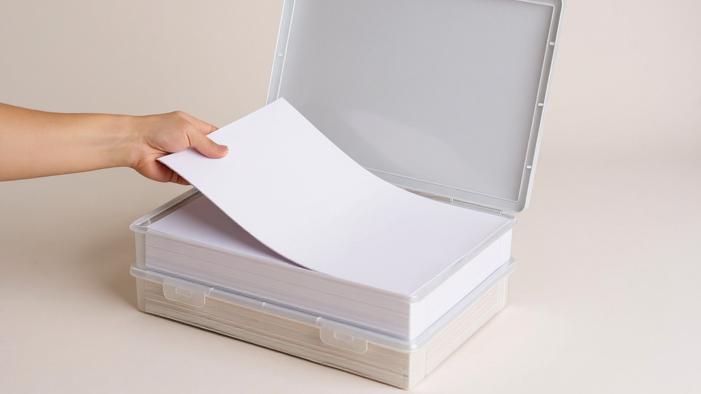 Boîte de rangement A4 en plastique transparent, couvercle anti-poussière, gain de place, organise bureau, maison et fournitures scolaires.