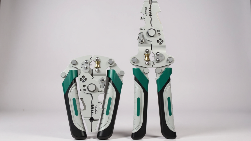 Pince à Dénuder Pliable 9-en-1 : Acier chrome-vanadium, usage industriel, compacte, fonctions : dénuder, sertir, couper, visser, tirer clous et plus.