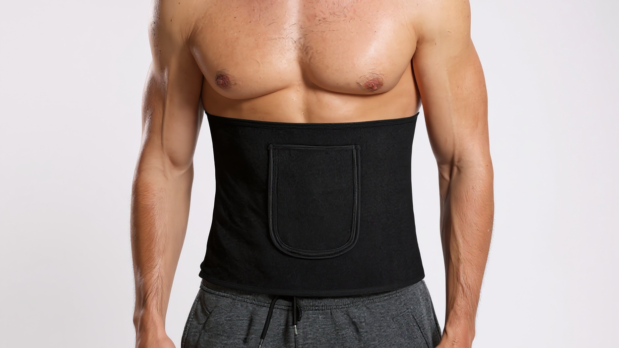 Ceinture sauna homme, ajustable, sculptante abdominale avec poches, absorbe la sueur, soutien posture, idéale entraînements et fitness.