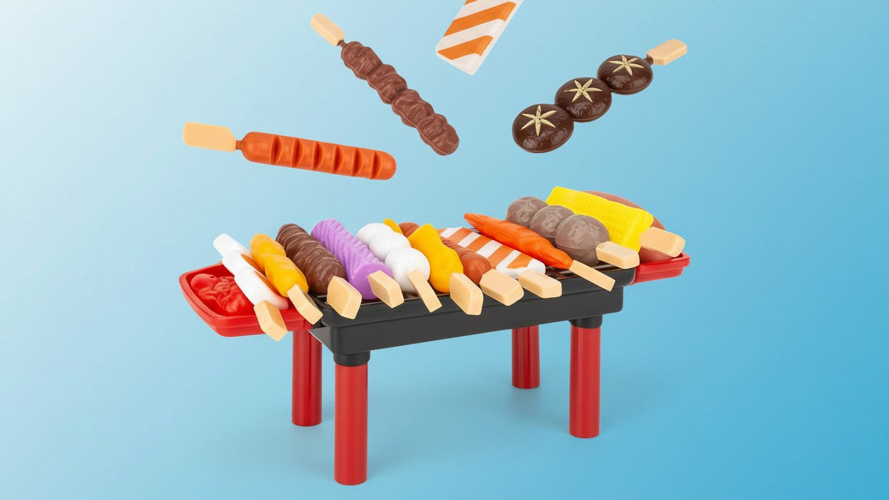 Set de jeux de cuisine, aliments et accessoires de barbecue simulés, idéal pour stimuler imagination et apprentissage des enfants.