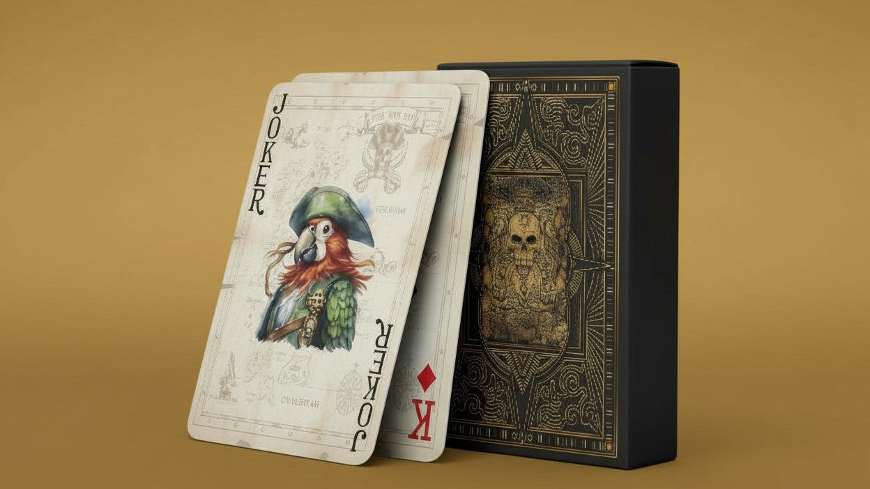 Cartes de poker vintage thème pirate STRUBLFE, double face antidérapantes, embossage quatre couches, design crâne et géométrique, accents dorés, idéal soirées familiales et jeux.