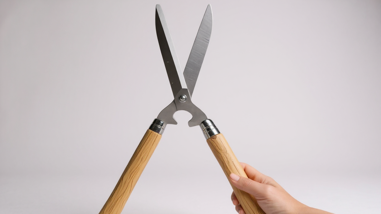 Sécateur professionnel robuste, lame carbone 25 cm, manche ergonomique en noyer antidérapant, idéal pour bordures, haies et taille décorative.