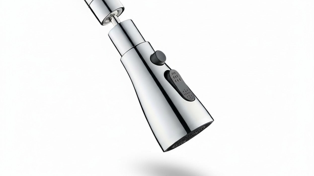 Extension de robinet 360° multifonction : trois modes d’eau, tête rotative, raclage et rinçage. Compatible diamètres 20–24 mm avec adaptateurs inclus.