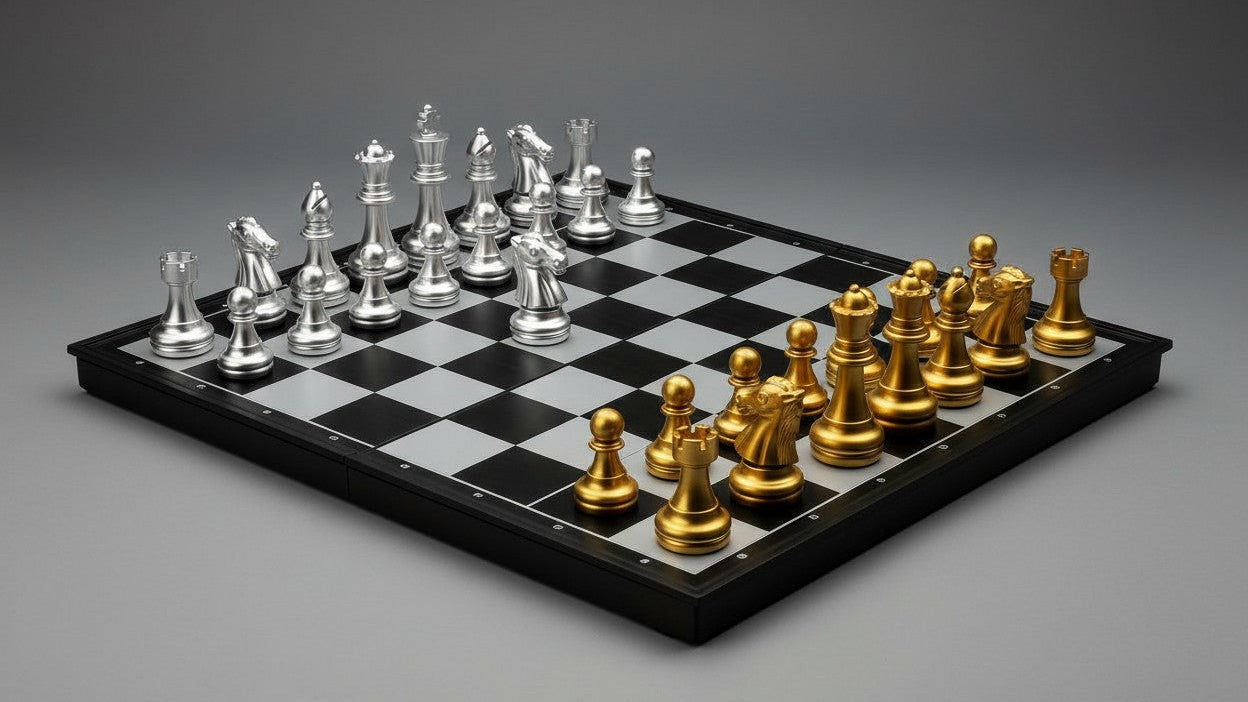 مجموعة شطرنج بلاستيكية أنيقة باللونين الذهبي والفضي - مثالية للحفلات والتجمعات العائلية ومتعة العطلات ومثالية لهدايا رأس السنة الجديدة والكريسماس وأعياد الميلاد وعيد الحب