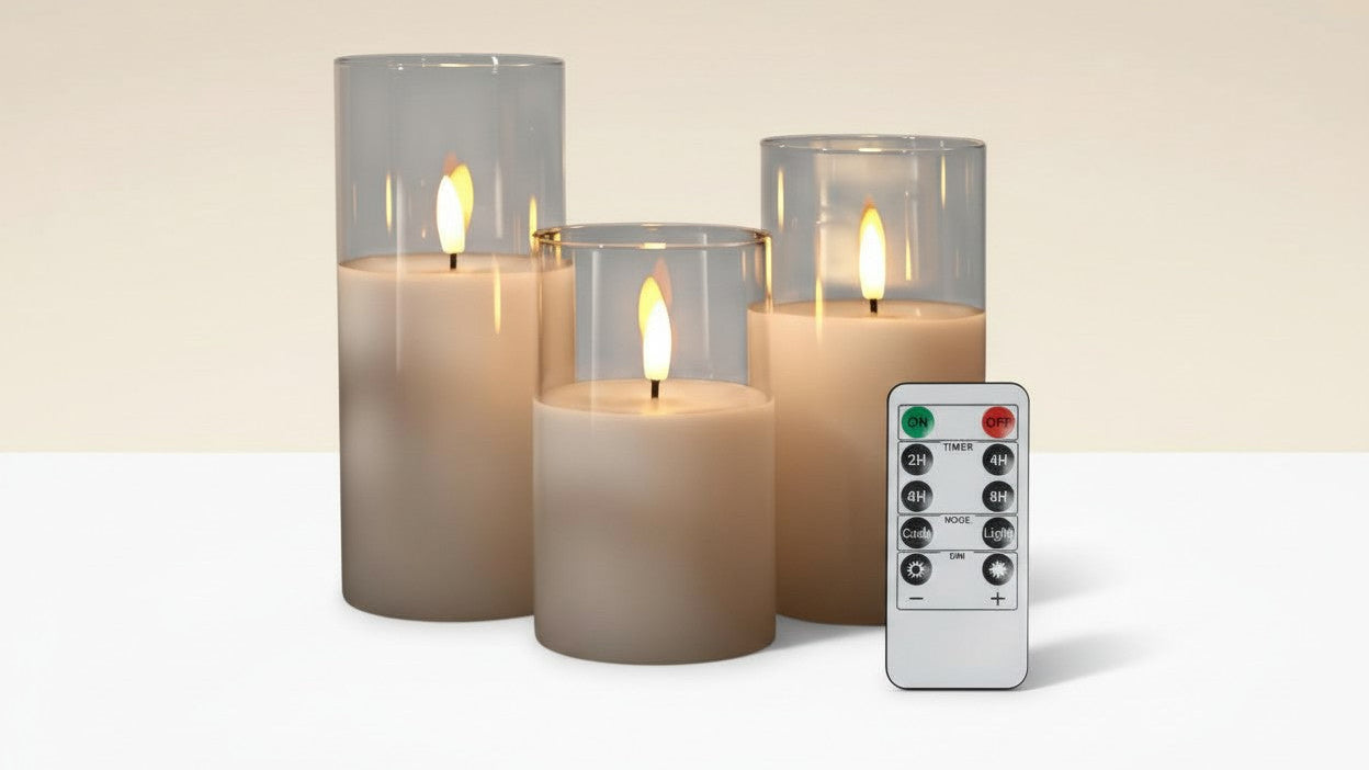 مجموعة من 3 شموع LED بلاستيكية أكريليك بدون لهب | جهاز تحكم عن بعد ومؤقت لمدة 2/4/6/8 ساعات، تأثير وميض واقعي، تعمل ببطارية AAA (باستثناء البطاريات) لأعياد الميلاد وديكور المنزل والحفلات والهالوين وحفلات الزفاف - للاستخدام اليومي