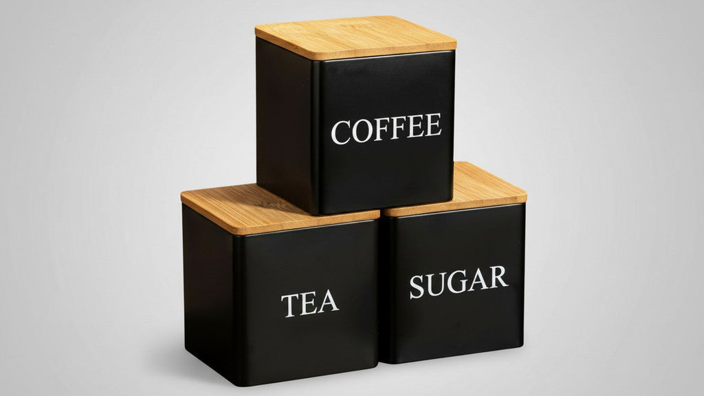 Lot de 3 boîtes de rangement métalliques noir et blanc, pour café, thé et sucre, pratique et décoratif, idéal cuisine quotidienne.
