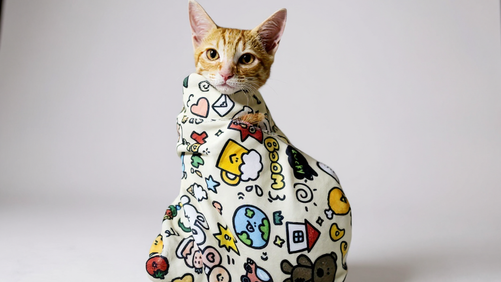 Tissu d’emmaillotage extra-large 79,98 × 79,98 cm pour chats, anti-évasion, toilettage et coupe d’ongles, lavable et durable, design ludique.