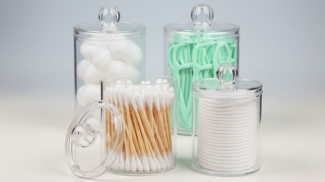 Boîte transparente en acrylique pour cotons-tiges, cure-dents ou médicaments, rangement pratique pour salle de bain et organisation cosmétique.