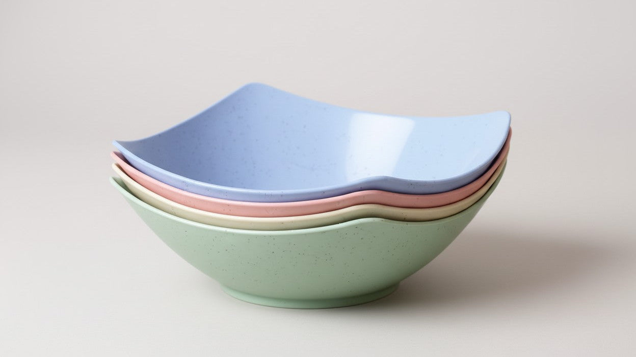 Lot de 4 Bols Carrés en Plastique : Grandes parois, empilables et antidérapants, coins solides, parfait pour salades, soupes et plats, maison ou restaurant.