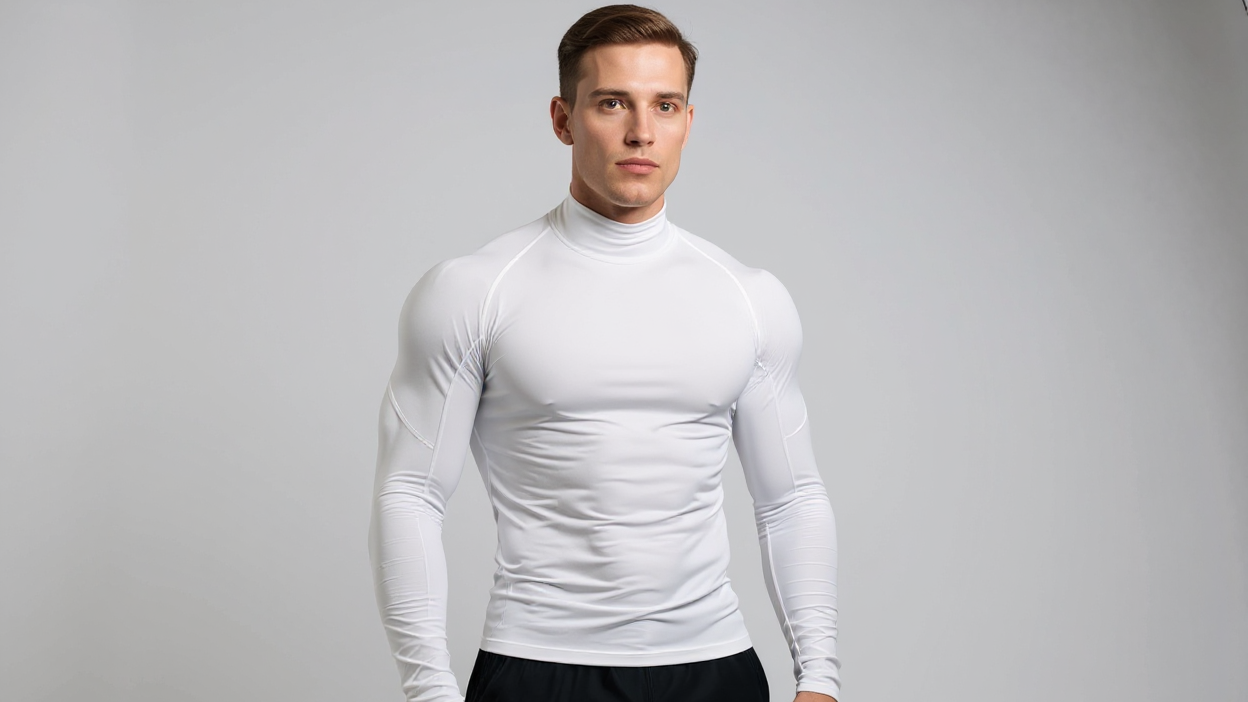T-shirt de fitness homme à séchage rapide, col haut et manches longues, ajusté, parfait pour le gym, boxe et entraînements toute saison.