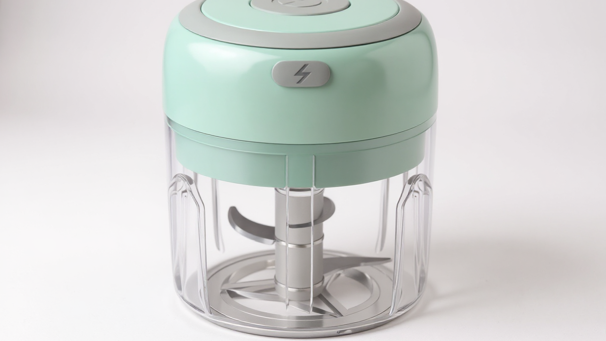 Mini robot culinaire 250 ml avec 3 lames en acier inoxydable, hache viande, légumes et fruits, compact, électrique, pratique pour préparation repas maison.