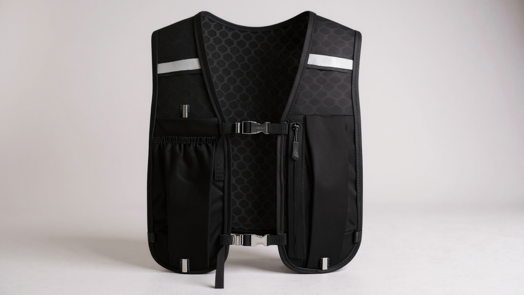 Sac à dos sportif type gilet avec poches multiples, mesh respirant, design ergonomique, idéal pour course, randonnée et hydratation mains libres.