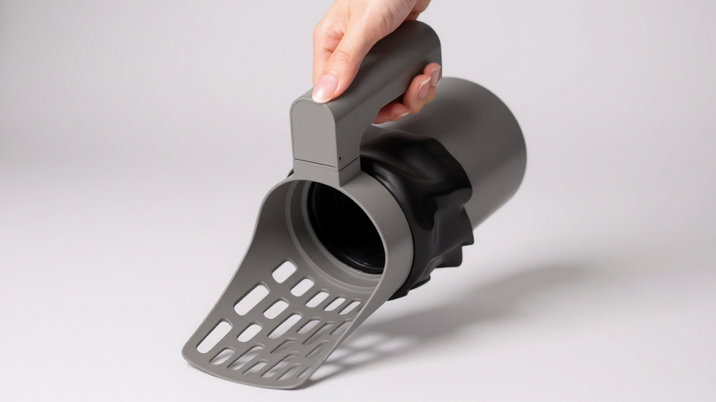 Pelle à litière grand volume pour chats et petits chiens, fermeture hygiénique à un bouton, compatible sacs litière, contrôle des odeurs.