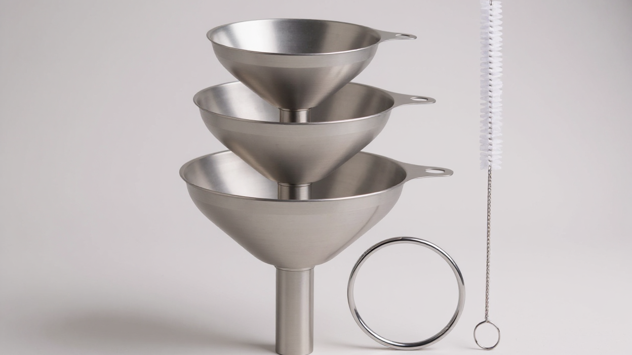 Lot de 3 entonnoirs multi-usages en acier inoxydable, résistants à la chaleur, pour verser et mesurer lait, huile, jus, miel, sauces, indispensables cuisine.