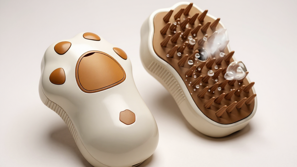 Brosse vapeur électrique 3-en-1 pour chats et chiens, motifs patte/citron, spray, massage, auto-nettoyage, retire poils morts et entretient griffes.