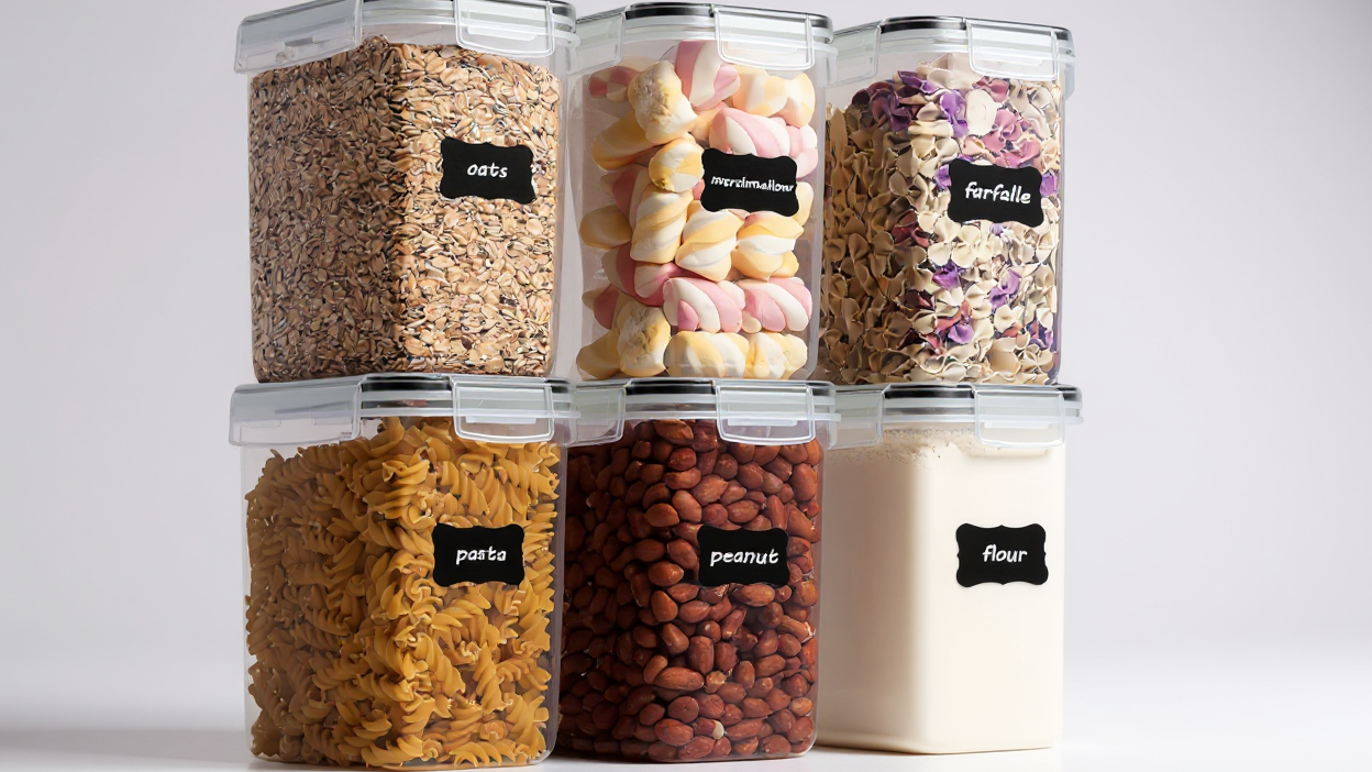 Lot de 2 ou 6 Boîtes de Rangement 1,6 L : Hermétiques, plastique alimentaire, pour céréales, farine, sucre et ustensiles de pâtisserie, avec étiquettes.