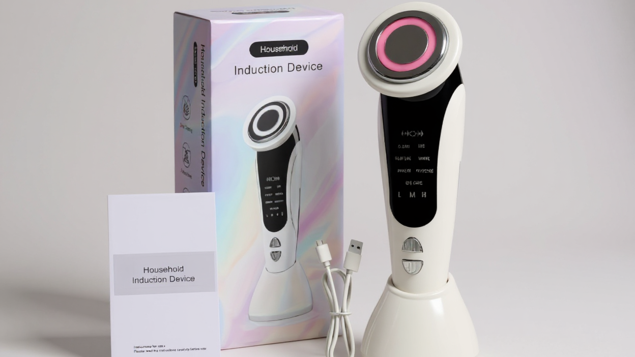 Appareil beauté visage et cou 7-en-1, vibration, rechargeable USB, 4 modes, 3 intensités, design élégant, compact, parfait pour usage familial.