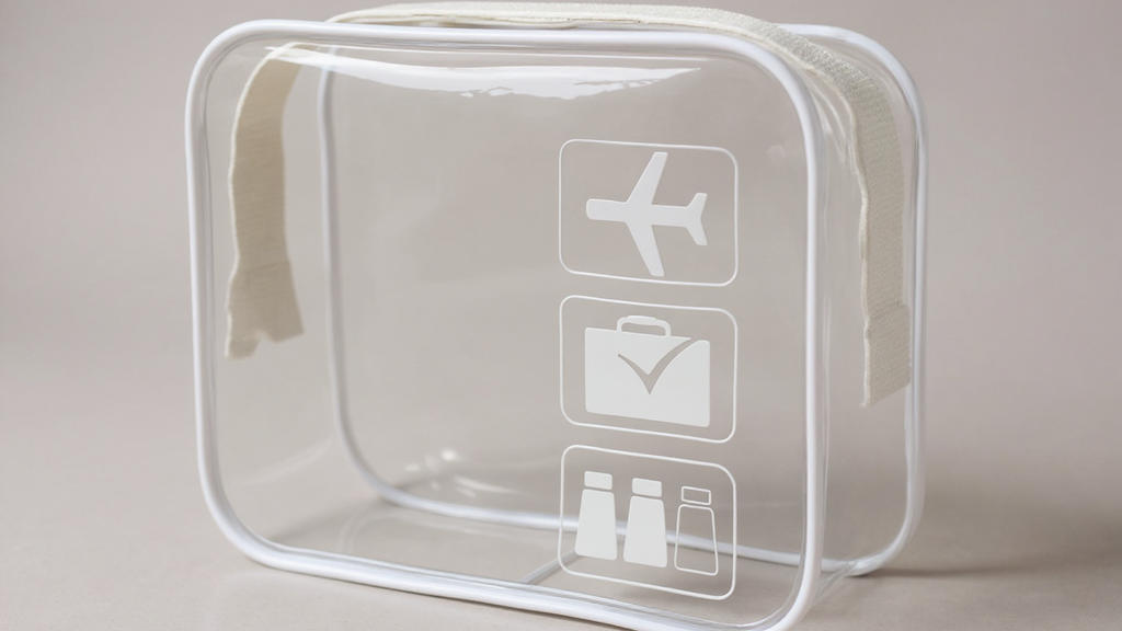 Trousse de toilette transparente avec ouverture à bouchon, pliable et verticale, pratique pour voyage, salle de bain ou shopping.