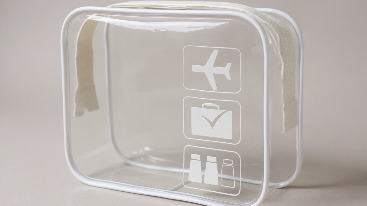 Trousse de toilette transparente avec ouverture à bouchon, pliable et verticale, pratique pour voyage, salle de bain ou shopping.