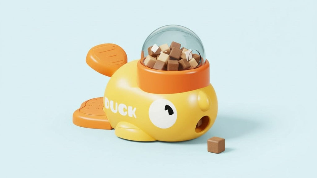 Jouet distributeur de nourriture interactif pour chats. Design canard, sans batterie, en plastique durable, idéal pour jeu et entraînement intérieur/extérieur.