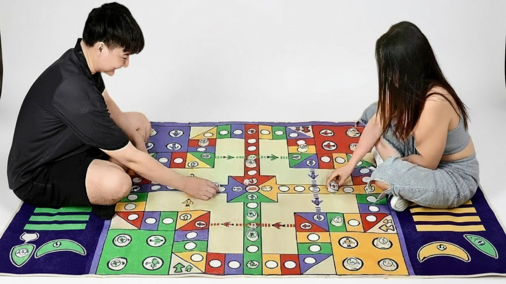Jeu de ludo de luxe façon tapis, avec 16 pions, dés, pliable et portable, parfait pour famille, fêtes et cadeaux.
