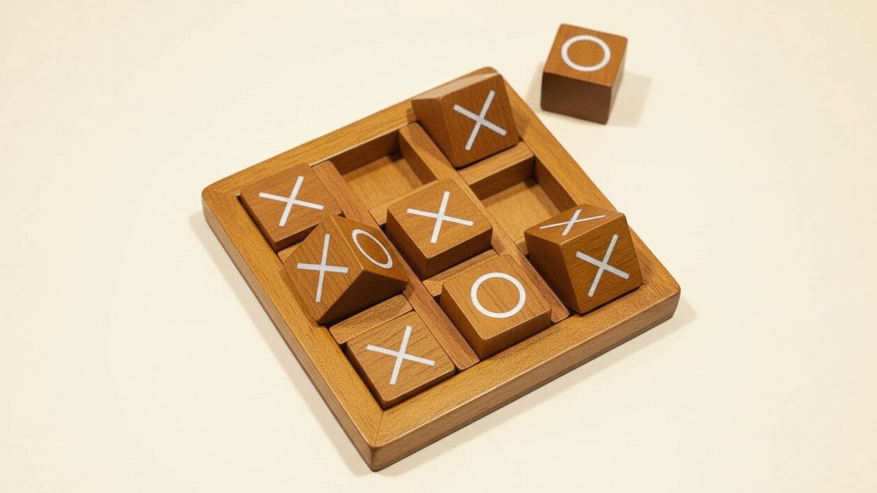 Jeu classique XO en bois, 9 blocs et plateau, idéal soirées familiales et décoration, parfait pour salon et cadeaux de fêtes.