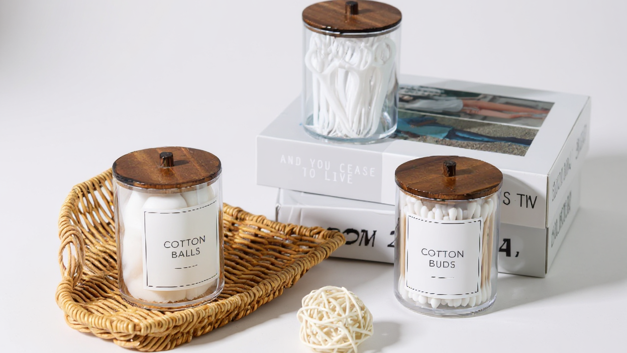 4 Pack Vintage Style 10 Oz Clear Plastic Apothecary Jars with Window-View And Wooden Lids - Bathroom Vanity Makeup Organizer Storage for Swabs, Pads, Buds, Floss, Storage Bins for Home Organization, Baskets, Bins &amp; Containers