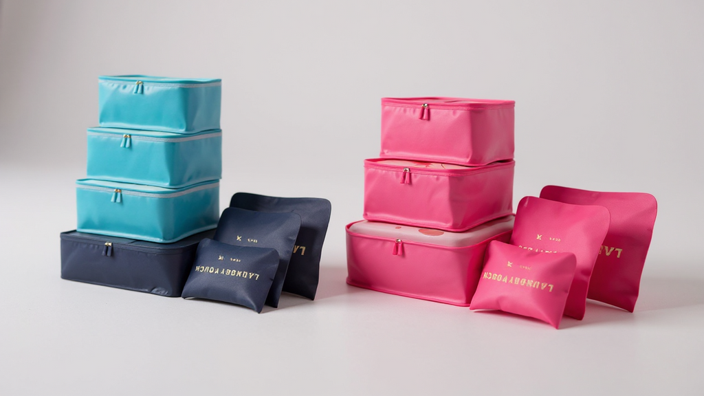 Set de 6 valises et accessoires de voyage, comprenant sac à vêtements, organisateurs, sacs chaussures et cubes de rangement, pratique pour tout déplacement.